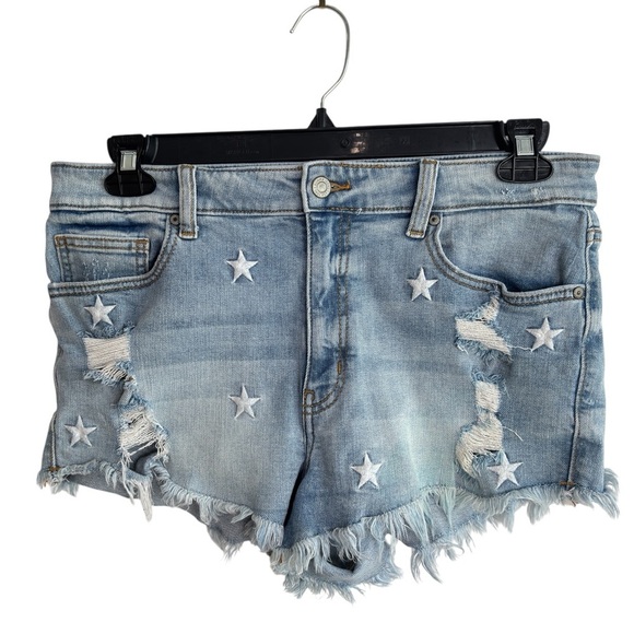 Eunina Jean Shorts Large Stretch Denim Lulu High Rise Distressed Embroider Stars - Picture 12 of 15